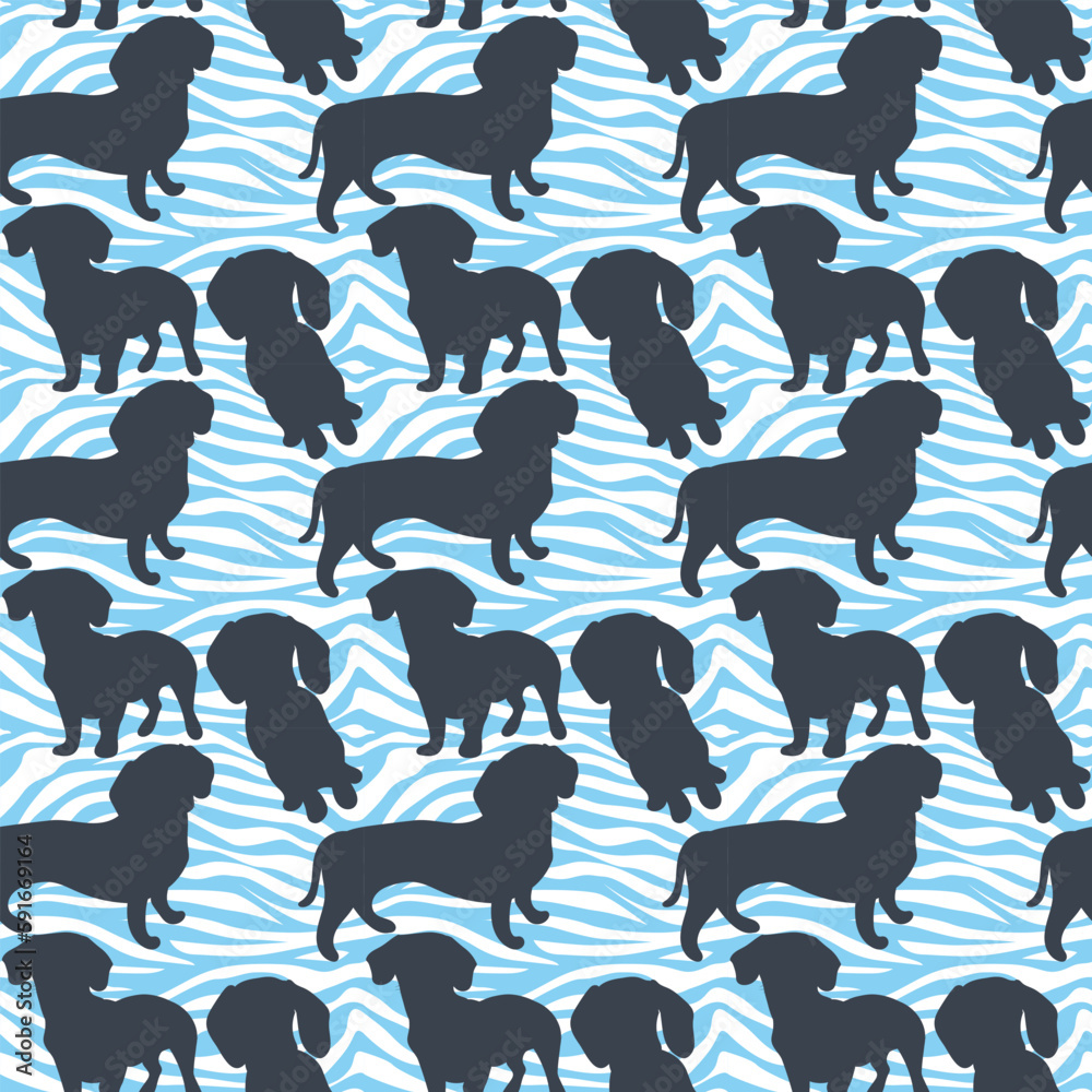 Dog silhouettes pattern fabric. Elegant, soft seamless background, abstract background with dachshund dog shapes, fresh ocean, sea waves. Blue and white creative zebra. Birthday present wrapping paper