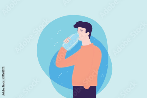 A man drinking water from a bottle illustration, Flat, minimalist, vector 