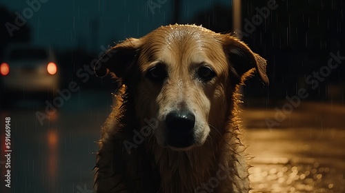Dog sitting on a wet sidewalk in the rain. Generative AI