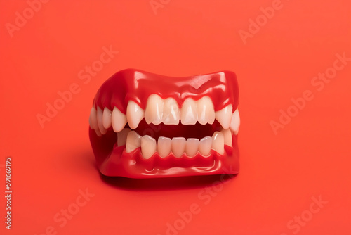 Dental Prosthetics on Red Background - AI-generated Photo