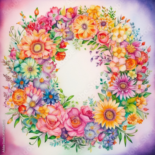 watercolor wreath of flowers design ideas, in the style of light maroon and light brown. Generative AI Art Illustration