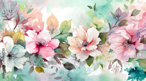 floral watercolor leaves and pink flowers. Generative AI Art Illustration