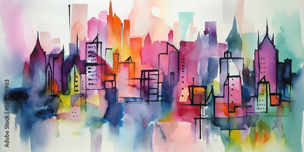 abstract watercolor painting of city skyline in pastel colors, concept of Cityscape painting, created with Generative AI technology