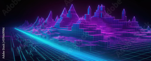 3d rendering, abstract virtual reality violet background, cyber space landscape . Neon wireframe terrain, generative ai