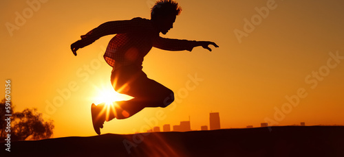 Silhouette of Skateboarder jumping in city on background of sunset 