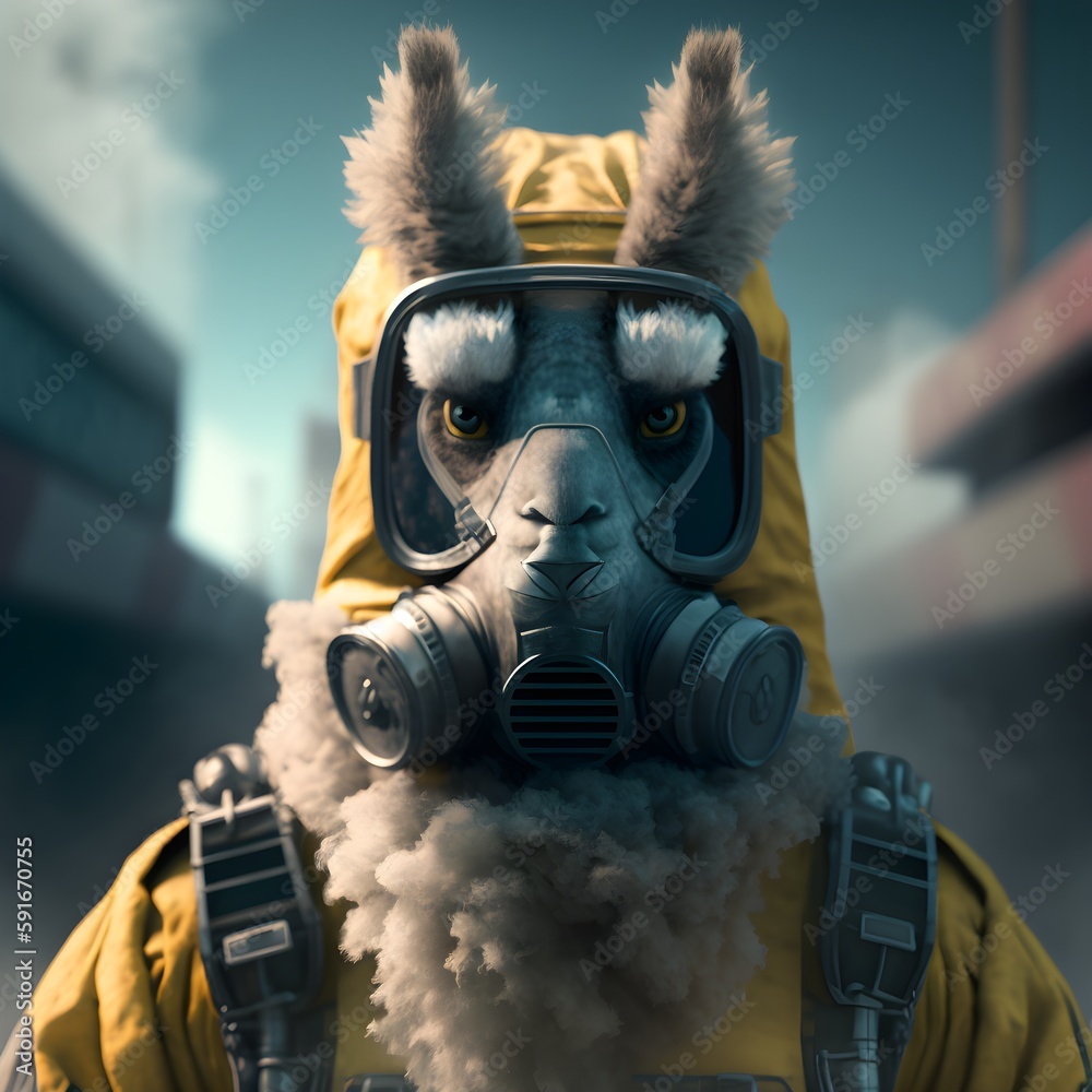 llama wearing gas mask and hazmat suit portrait front facing caustic