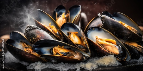 Mussels, cooked, close up. Generative AI