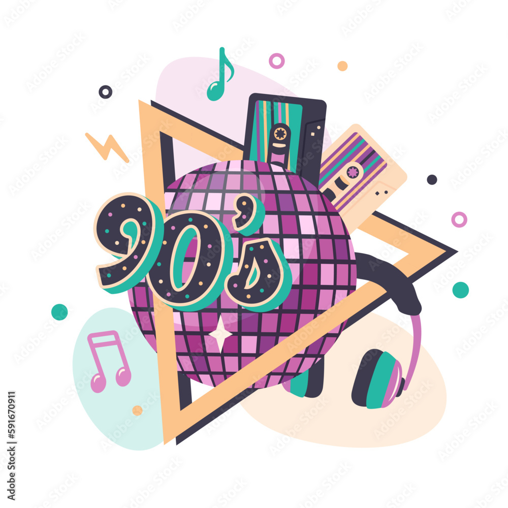 90 Musical Note Mirror Pink disco ball with headphones, notes, cassettes for music ...