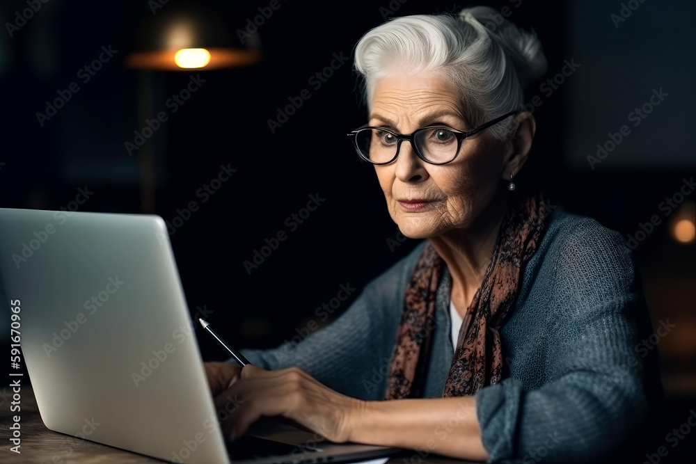 Elderly woman working with laptop. Active retirement. Generative ai. Elderly woman working with laptop. Active retirement. Generative ai.