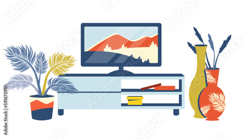 Contemporary living room. Minimalism Cozy house interior.Home furniture. Television, house plants, commode, vintage vase. Trendy indoor template. Vector flat cartoon illustration