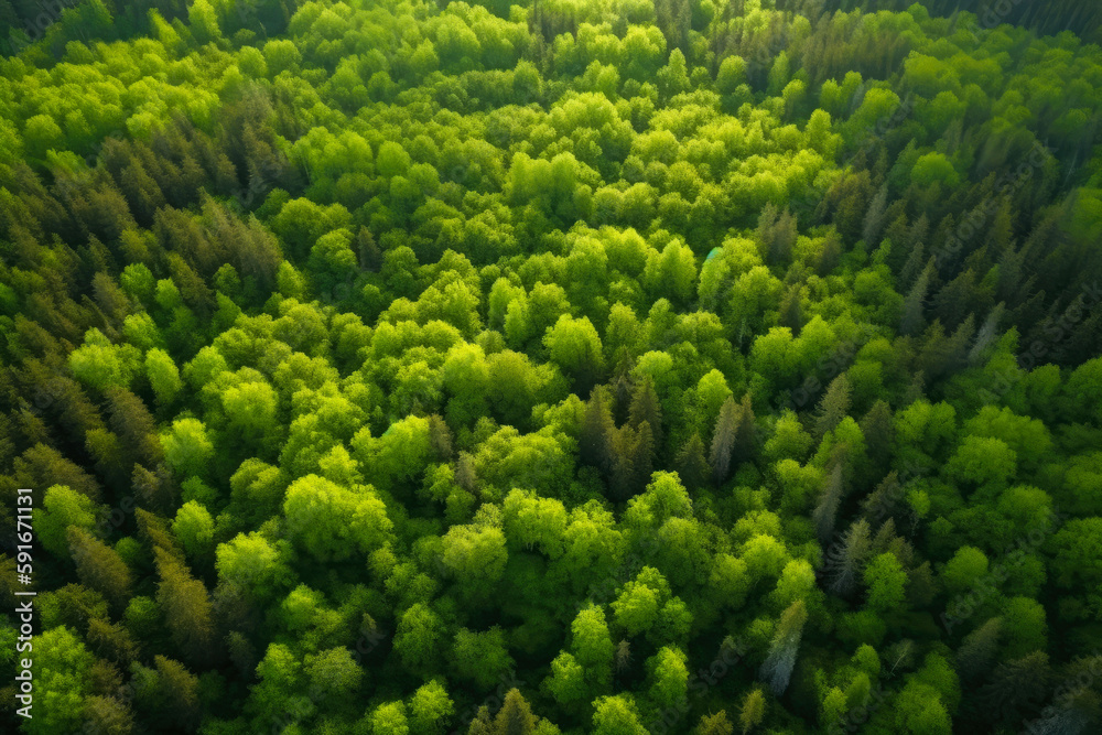 Aerial view of green and orange forest. Changing foliage. Top view. Generative ai.