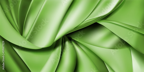 Background of green pieces of fabric, leather or silk ribbons. Cloth with folds.