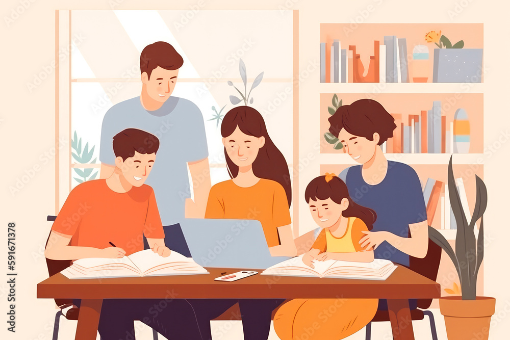 Illustration of a family: parents helping children with school work, online school. Generative ai.