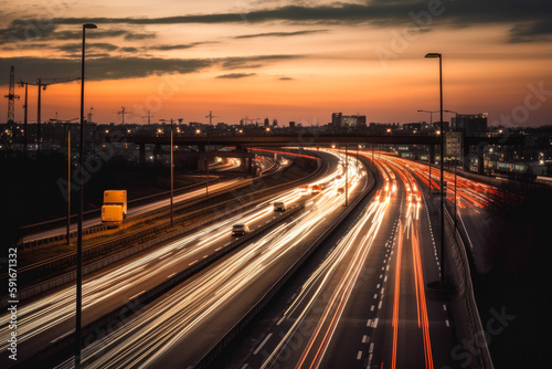 Bust highway traffic at sunset. Light trails. Generative ai.