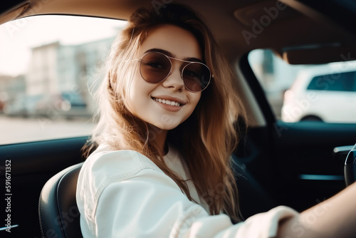 Happy young woman sitting in a car. Generative ai. © VisualProduction