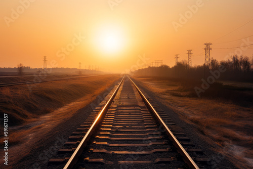 Railway track in the evening in sunset. Generative ai.