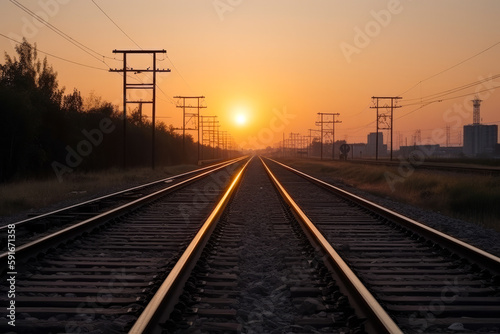 Railway track in the evening in sunset. Generative ai.