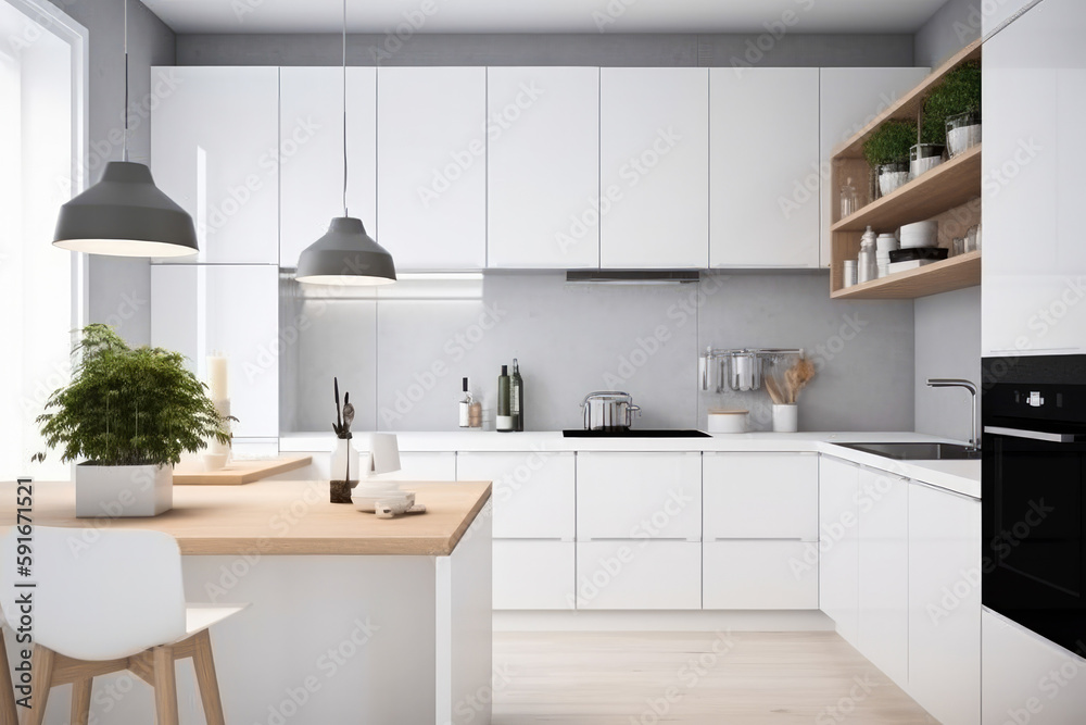 Ikea style minimalistic kitchen. Generative ai.