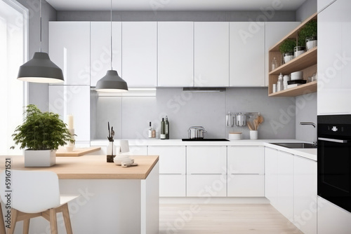 Ikea style minimalistic kitchen. Generative ai. © VisualProduction