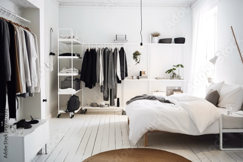 Ikea style minimalistic white bedroom at home. Generative ai. © VisualProduction