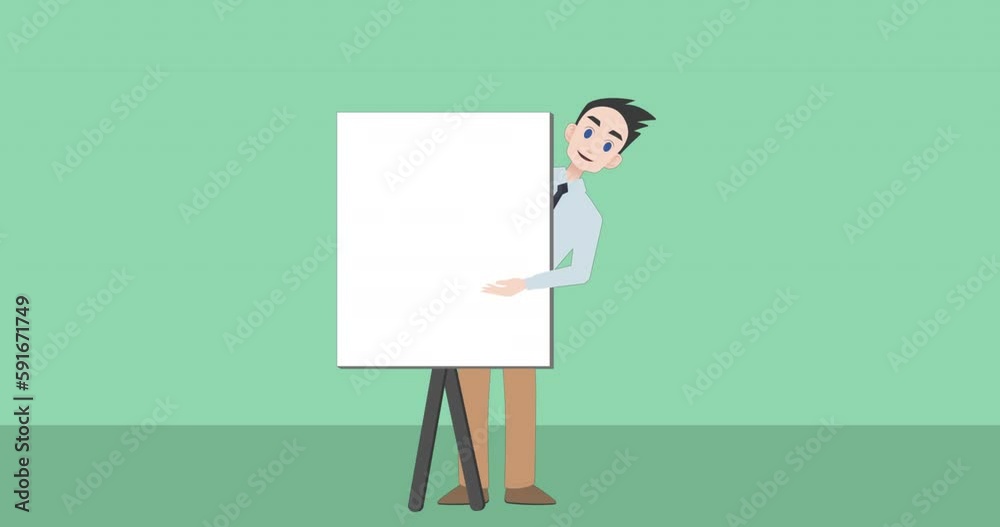Animation of male teacher with empty board with copy space on green background