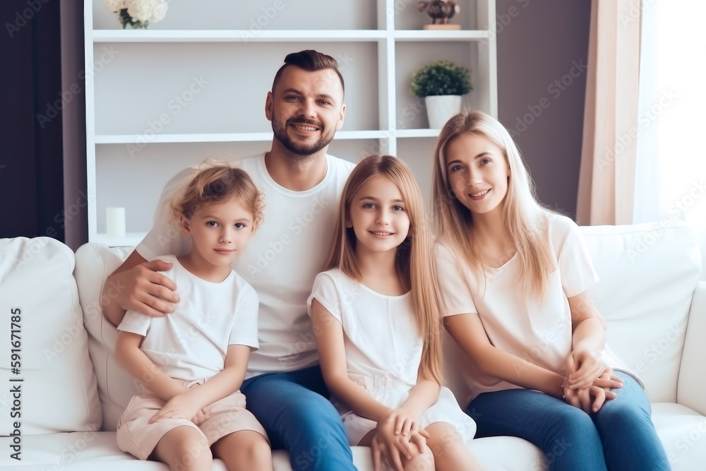 Portrait of a happy young family, smiling. Family life, happiness, togetherness. Generative ai.