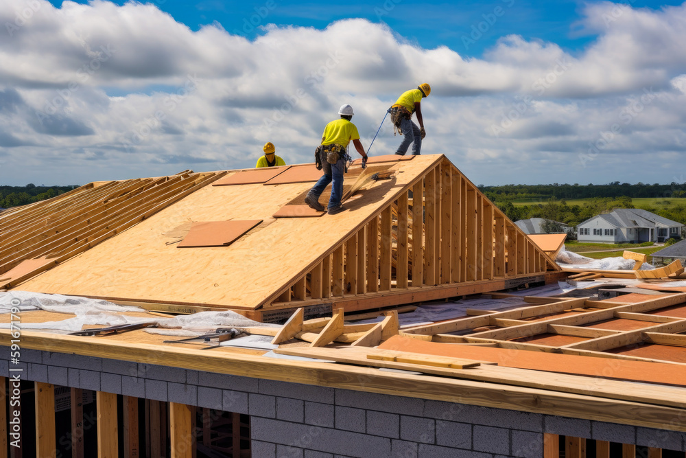 Construction workers installing roof on a modern house; sunset. Generative ai. Construction workers installing roof on a modern house; sunset. Generative ai.