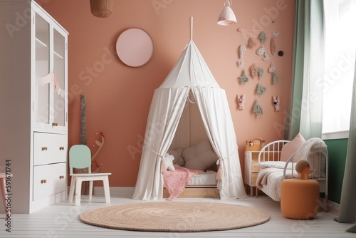 Young child room, teen girl modern bedroom. Generative ai. © VisualProduction