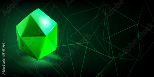 Abstract background with a green low-poly 3d object in the form of a polyhedron and a outlines of geometric shapes on a dark background