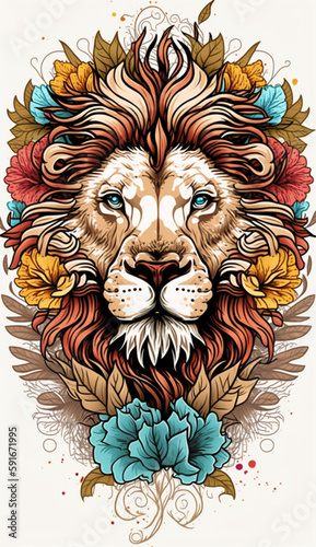 Cute lion head in flowers	