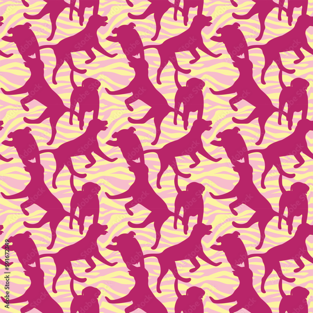 Dog silhouettes pattern fabric. Elegant, soft seamless background, abstract background with pink Labrador retriever dog shapes for Dog Lovers. Pink and yellow zebra. Birthday present wrapping paper. Dog silhouettes pattern fabric. Elegant, soft seamless background, abstract background with pink Labrador retriever dog shapes for Dog Lovers. Pink and yellow zebra. Birthday present wrapping paper.