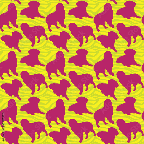 Dog silhouettes pattern fabric. Elegant  soft seamless background  abstract background with pink Golden Retriever dog shapes for Dog Lovers. Green and yellow zebra. Birthday present wrapping paper.
