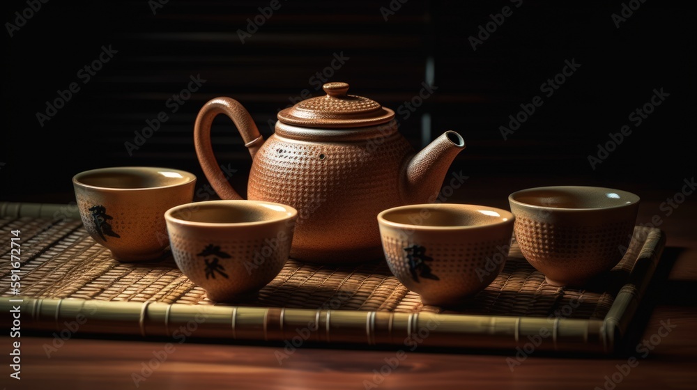 Fototapeta premium Traditional Japanese Tea Set on Bamboo Mat with Teapot and Cups Generative Ai
