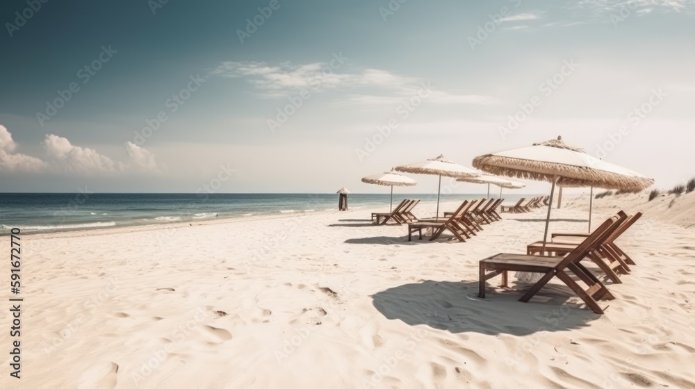  Beach Banner with White Sand, Chairs, and Umbrella Generative Ai