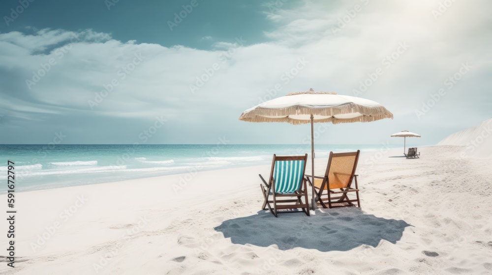 Beach Banner with White Sand, Chairs, and Umbrella in the Sun Generative Ai