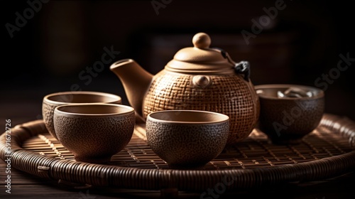  Compact Japanese Tea Set with Teapot and Cups on Bamboo Mat Generative Ai