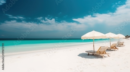  Tropical Beach Banner with White Sand, Chairs, and Umbrella Generative Ai
