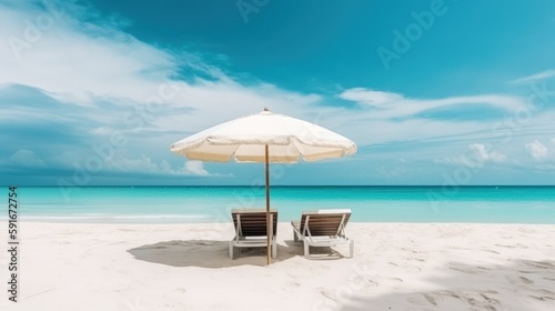  Relaxing Beach Banner with White Sand, Chairs, and Umbrella Generative Ai