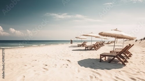  Beach Banner with White Sand  Chairs  and Umbrella Generative Ai