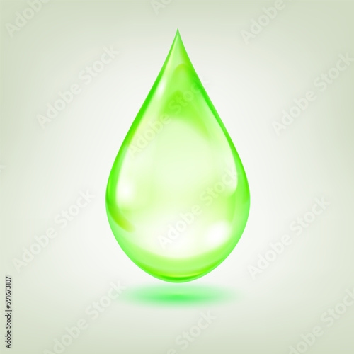 One big realistic water drop in light green color with glares and shadow
