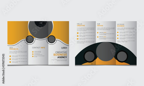 Orange circle business trifold Leaflet Brochure Flyer report template vector minimal flat design set, abstract three fold presentation layout a4 size. Yellow triangle business trifold Leaflet design.