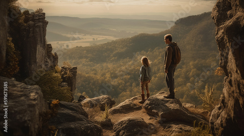 Father and son stand on the edge of cliff and look at beautiful landscape.  ai generated artwork photo