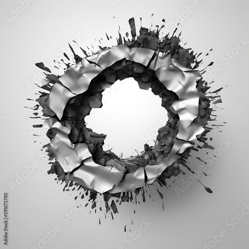 Ragged Hole torn in ripped metal on white background. Generative ai. photo