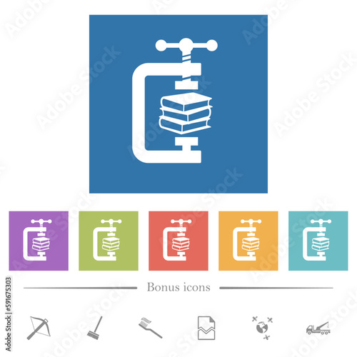 compressing books with vise clamp flat white icons in square backgrounds