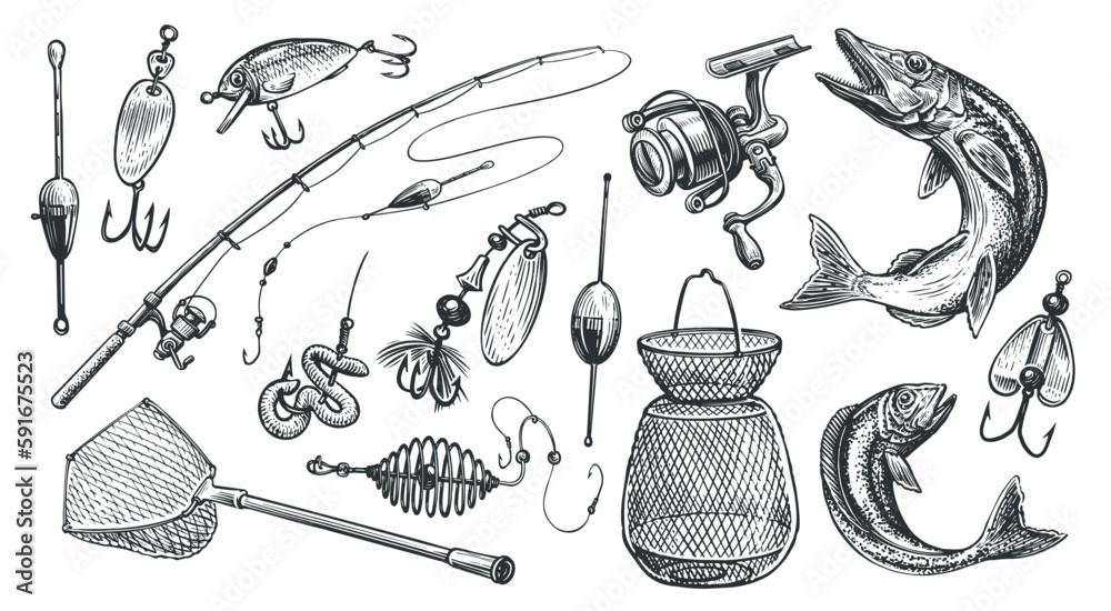 Equipment for fishing set. Fishing rod, floats and other devices for sport fishing. Sketch vector illustration