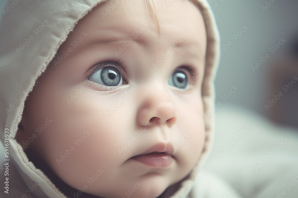 Cute little baby boy closeup in knitted bonnet. Generative AI Cute little baby boy closeup in knitted bonnet. Generative AI