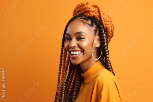 Fotografiet Pretty young afro-american woman with colorful braids on light yellow background