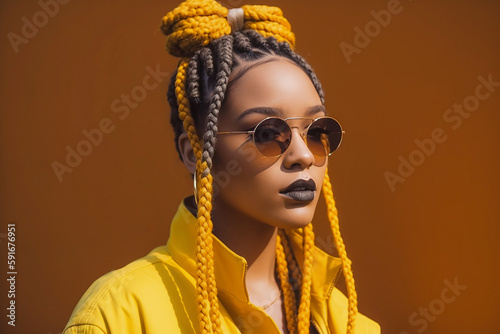 Pretty young afro-american woman with colorful braids on the yellow background. Generative AI