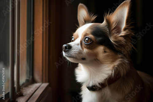 Small dog waiting for his master near a window. Generative AI © lanych
