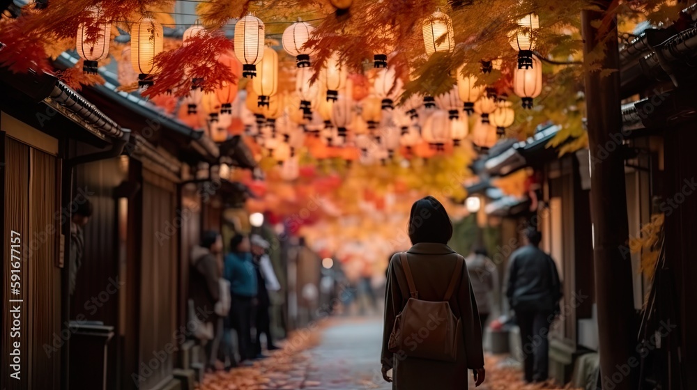 An alley of autumn maple trees in Japan adorned with paper lantern garlands, people walking away from camera in the background. AI generative.